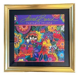 Vtg FANTASTIC FELINES Multicolored Cats Wall Art Decor by Laurel Burch Framed